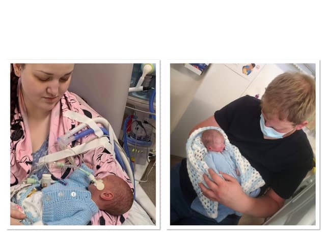 Siobhan Weir and Luke Jackson holding their baby twins.