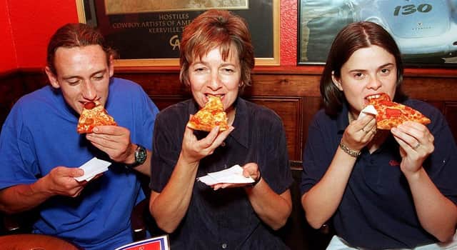 At Uncle Sam's Chuck Wagon Restaurant, Ecclesall Road, Sheffield, where staff were tasting pizza. Seen left to right are, Chef Lee Hunt, Proprietor Susan Crossland, and Supervisor Waitress Caroline Haley, July 1996