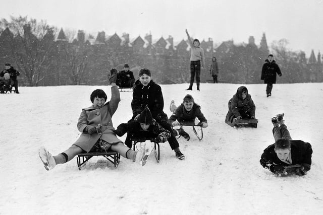 Children sledging in the Meadows , with Warrender Park Terrace in the background, December 1961.