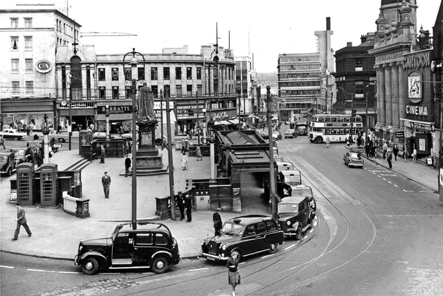 Taxis line up in this view of Fitzalan Square, Sheffield, with the Cartoon Cinema (later the Classic Cinema) on the right, circa 1960