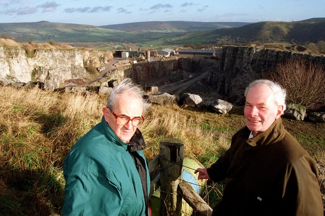 Pictured in 1997 was the Outlands Head Quarry being used as a dump site. The Site overlooks the village of Bradwell, and residents are unhappy about plans to use the site to dump Asbestos.Seen overlooking the site LtoR are, John Riddall, and Alan Yates  the protest leader.