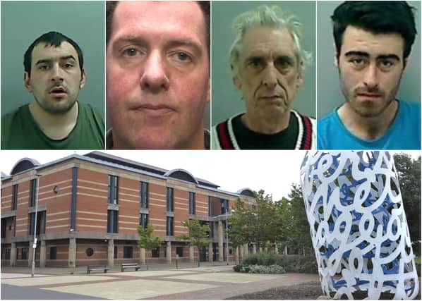 Some of the defendants, top, who have been jailed recently at Teesside Crown Court, bottom, for offences with links to Hartlepool.