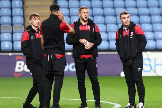Ben Osborn, Billy Sharp and John Fleck of Sheffield United: Darren Staples / Sportimage