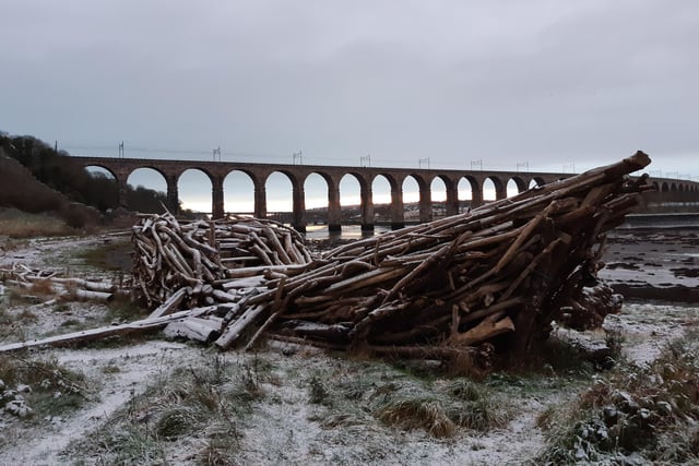 A covering of snow on a boat sculpture by the River Tweed.