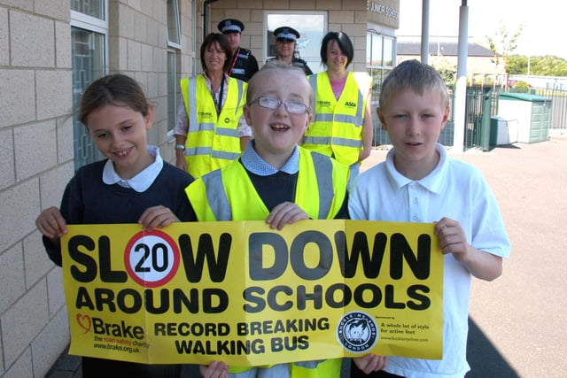 Back to 2010 for this photo showing pupils promoting the school's walking bus. Does this bring back happy memories?