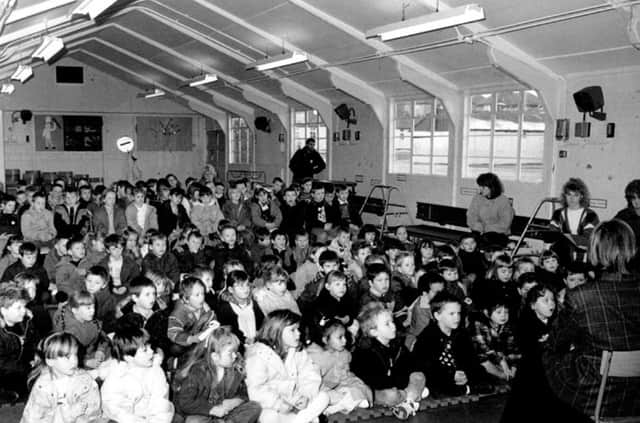 Assembly time at Lindsay Nursery First School, on Lindsay Road, in Parson Cross, Sheffield, in 1989. The school closed in 1994.