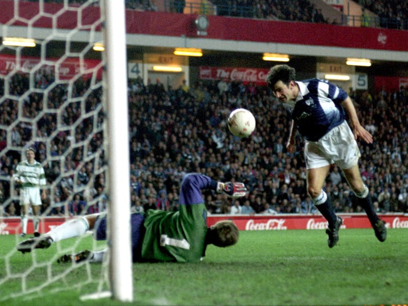 Paul McStay's missed penalty handed Jimmy Nicholl's side an unlikely victory in this thrilling clash at Ibrox. Celtic looked to have the game won in normal time before Gordon Dalziel's late equaliser.