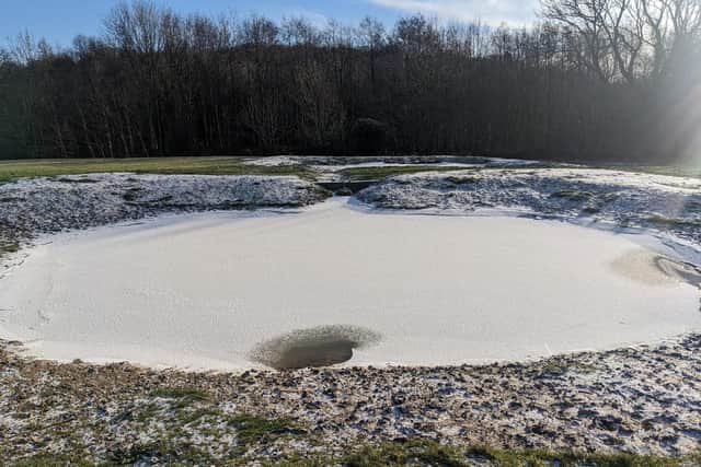 Frozen  flood attenuation ponds on Whirlow Fields across from the park, built by Sheffield & Rotherham Wildlife Trust