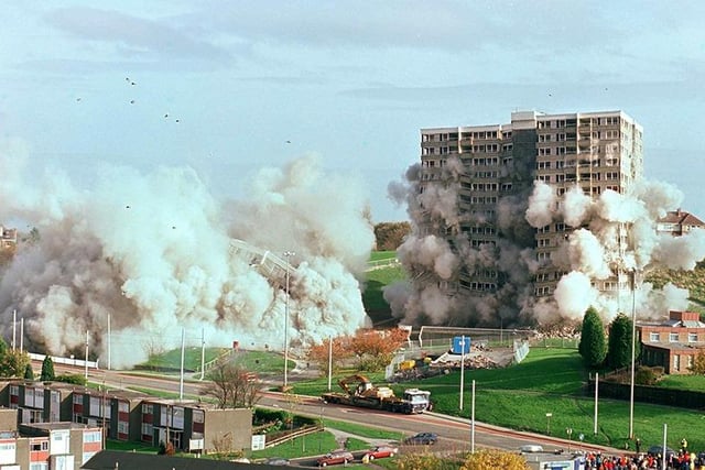The demolition of the Gilford and Shrewsbury tower blocks on the Norfolk Park estate, Sheffield, November 7, 1999