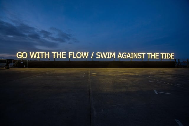With_Against by Tim Etchells at Seaham Marina is part of the wider county progamme. It pairs well-known phrases which seem to contradict each other.