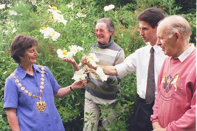 Sheila Cooke, president of the Sheffield Caledonian Society, and friends of the Botanical Gardens, Sue Kohler, Joe Rowntree(curator) and Arroll Winning, pictured in the gardens in 1999
