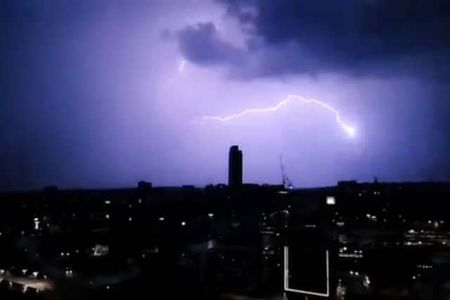 Lightning in the skies above Sheffield in the early hours of this morning (August 12). Taken from the video by Steve Muncaster @stevemuncaster