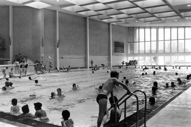 Sheaf Valley Swimming Baths, on Harmer Lane, Sheffield, in August 1985. A mural by the disgraced TV presenter Rolf Harris, who opened the baths in 1972, is visible on the wall