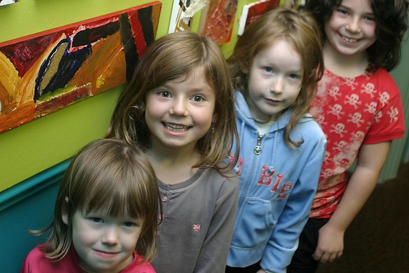 Taking part in the Big Draw half term activities at Buxton Museum in 2006, Beatrice and Martha Elder and Charlotte and Lydia Tissier