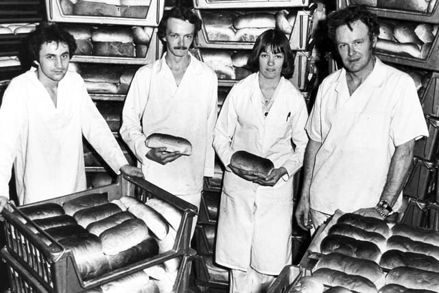 Members of staff at Bilton's Bakery, Leigh Street, Attercliffe who are baking bread continually to stock up ready for the bakers strike. Left to right Jeffrey Bailey, Neil Bilton, Denise Tomlinson, Philip Bilton, November 1978
