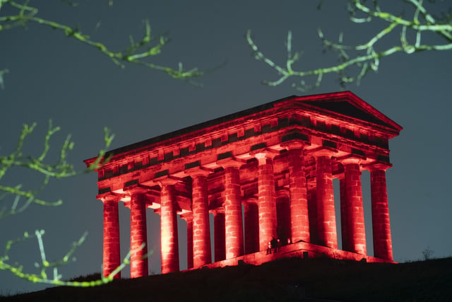 Penshaw Monument illuminated red ahead of Armistice Day, in a photo taken on Tuesday, November 10, 2020.