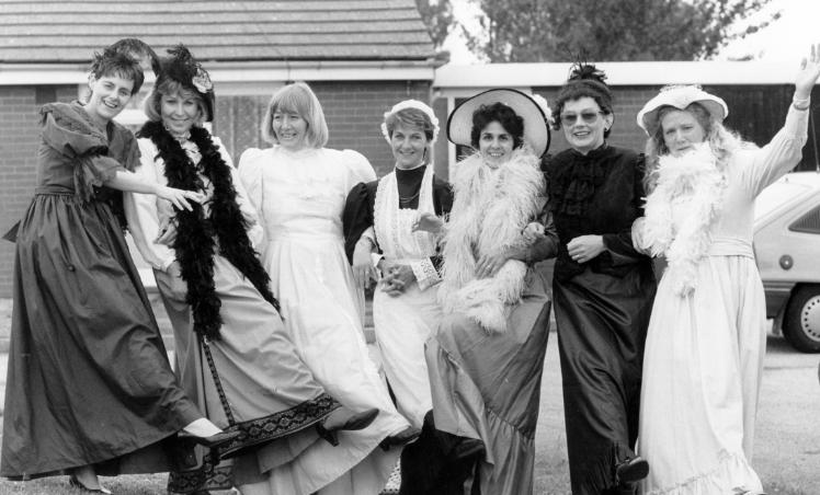 Maypole celebrations in Wadworth 1990. Wadworth First and Middle School staff members Ann Seagrove, Chris Rutter, Annice Johnson, Margaret Curran, Judy Ashley, Barbara Kelly, and Wendy Grey dressed in Victorian costumes.