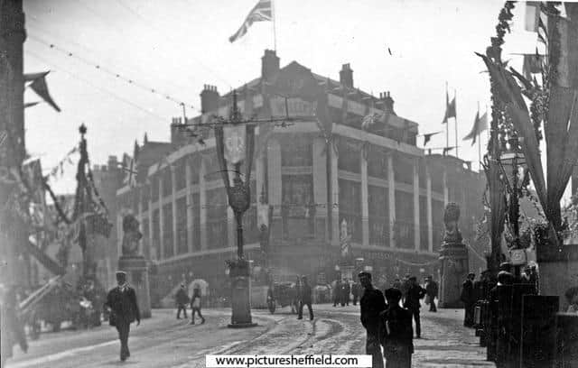 Cole Brothers department store, in its original spot on the corner of Fargate and Church Street, in Sheffield city centre, looks extremely grand here in July 1905. The streets are decorated for the Royal visit of King Edward VII and Queen Alexandra
