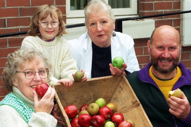 Eating apples in 1997 at Doncaster Market were from left Ann Percy, Rebecca Beeks, Peggy Williams and Brian Loveday