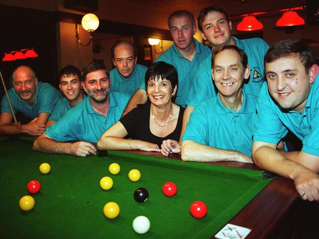 The Royal Pool team, Woodhouse raised £1000 for guide dogs. Left to right, Graham Allsop, Darren Allsop, Landlord Dennis Boswell, Robert Ashdown, Landlady Pauline Boswell, Gary Marsh,David Rhodes, Vinny Faulkner and Captain Darren Fidler pictured in 1997