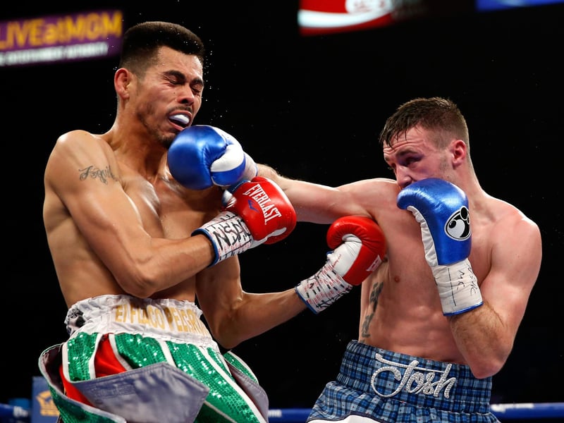 Josh Taylor connects with a right-hander against Alfonso Olvera during their super lightweight fight at the MGM Grand Garden Arena in Las Vegas in January 2017. Taylor won on points, the first time he had been made to go the distance in his eight-fight professional career. The Scot loved his first taste of fighting in Vegas. “It’s been absolutely brilliant out here,” he said. “I can’t wait to come back and do it again.”