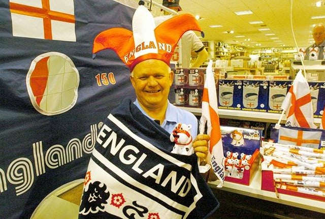 Brian Cutts from the men's department at Marks and Spencer, Fargate, Sheffield, is seen with World Cup memorabilia that is on sale, on May 11, 2006