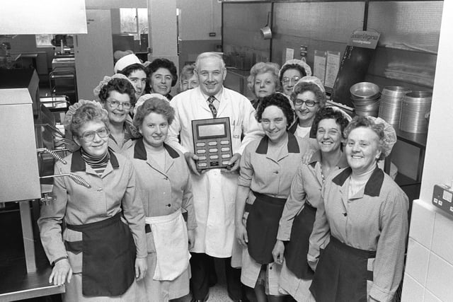 Edward Gale, Canteen Manager at Clipstone Colliery pictured with his staff after they won the NCB Canteen of the Year award in 1980