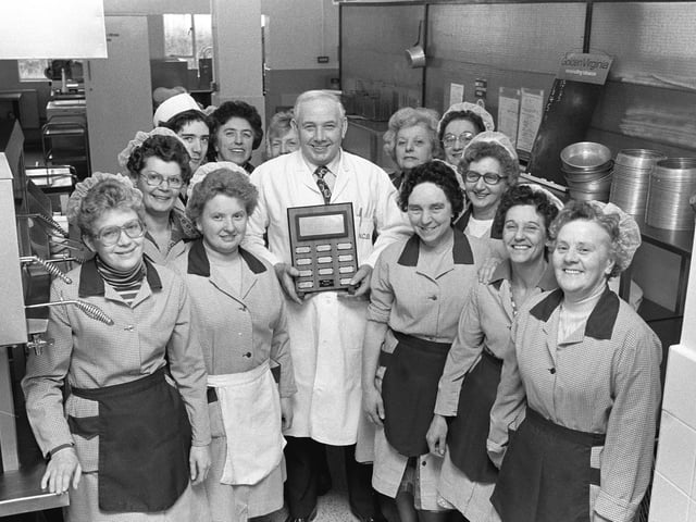 Edward Gale, Canteen Manager at Clipstone Colliery pictured with his staff after they won the NCB Canteen of the Year award in 1980