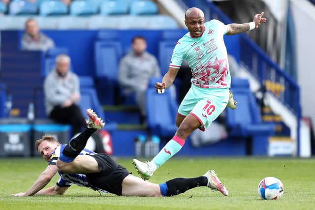 Andre Ayew makes the challenge on Tom Lees that gave Swansea the upper hand at Sheffield Wednesday.