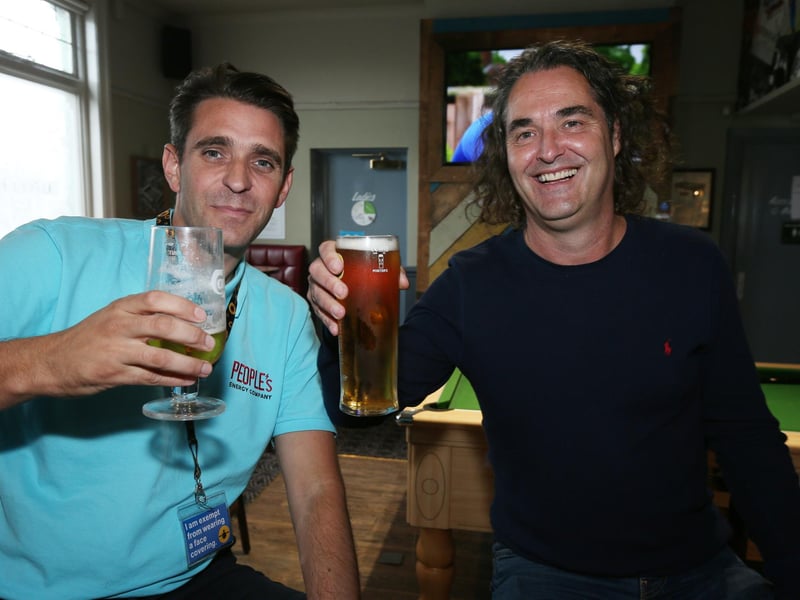 Wayne Freeman and Andy Phillips, right. Fans watch England v Czech Reublic in England's third Group D game of Euro 2020, in The Star & Garter pub, Copnor, Portsmouth. Picture: Chris Moorhouse (jpns 220621-14)