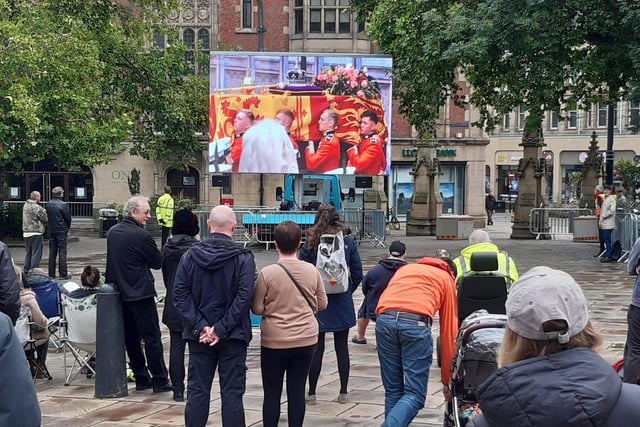 Mourners gathered to watch the procession outside Sheffield Cathedral, like so many crowds across the world.