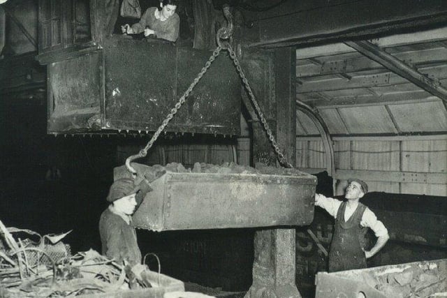 Handling raw materials at Templeborough Steel works, now Magna, during the Second World War