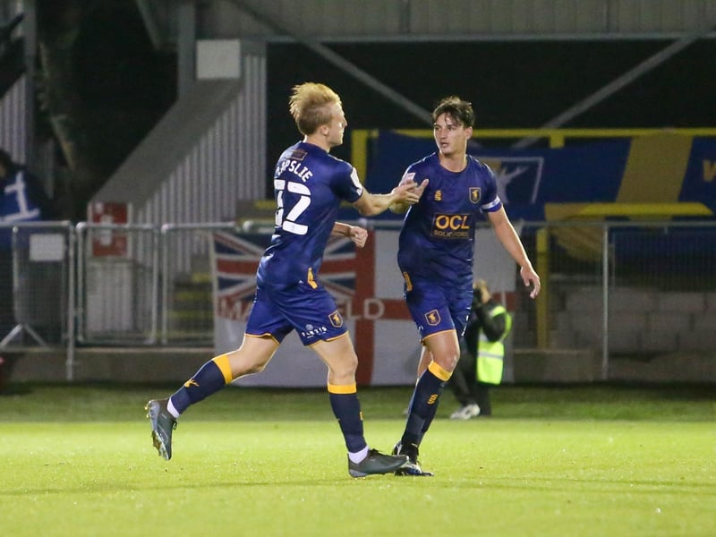 George Lapslie briefly celebrates his goal with team mate James Clarke.