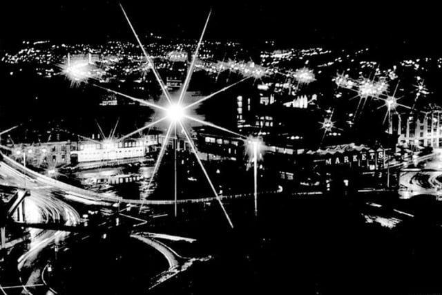 Park Square Roundabout, Pond Street and Sheaf Market in Sheffield lit up at night in 1981