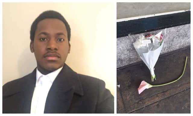 Mohamed Issa Koroma and floral tributes on High Street, Sheffield, close to where he was stabbed to death