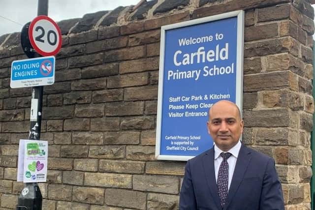 Sheffield City Council member Coun Mazher Iqbal at Carfield Primary School, which successfully took part in a School Streets road safety project last year