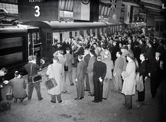 A general view of the platform and first electric train at the inauguration of electric railway from Sheffield Victoria Railway Station on September 14, 1954