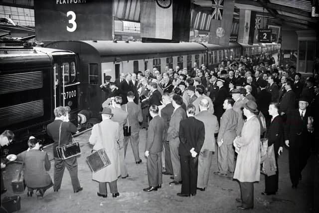 A general view of the platform and first electric train at the inauguration of electric railway from Sheffield Victoria railway station on September 14, 1954