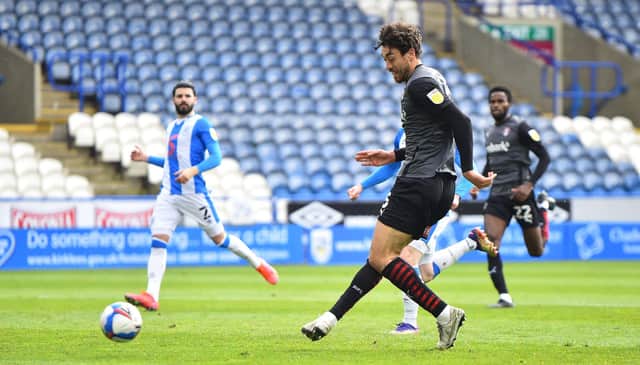 Matt Crooks of Rotherham United shoots at goal and hits the post during the Sky Bet Championship match between Huddersfield Town and Rotherham United at John Smith's Stadium. (Photo by Nathan Stirk/Getty Images)