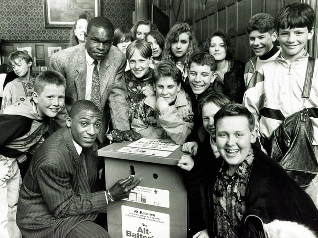 Sheffield's Bomber Graham enlightens youngsters on the environment and shows how to dispose of batteries safely at the launch of Environment Week at Sheffield Town Hall, April 28, 1990