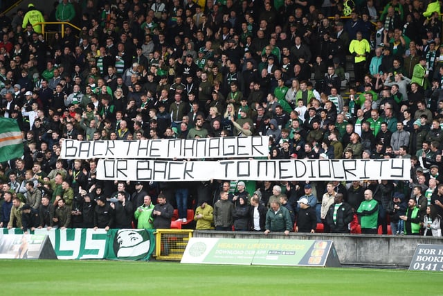 Celtic fans send a message to the board at a Betfred Cup clash against Partick Thistle in August 2018
