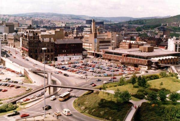 Park Square roundabout showing (left) Commercial Street and Shude Hill and (right) Sheaf Market, 1980s