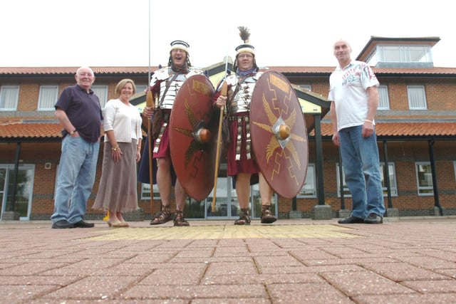 Portland School teaching assistants Graeme Ferry (2nd left) and Jeffrey Cowell (3rd left) dressed a Roman Centurians  for a sponsored walk 12 years ago. Were you a part of the  event?