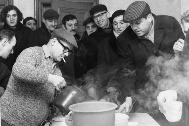 Miners coming off picket duty queue up for soup and tea at a kitchen set up for them and their families at Boldon Miners Hall in February 1972.