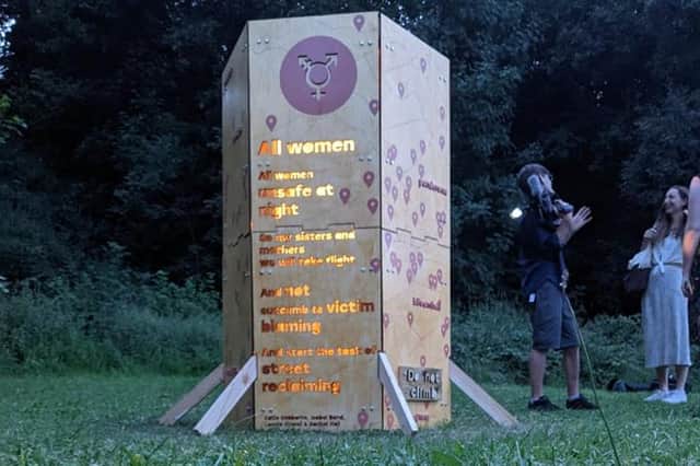 A six foot sculpture in Ponderosa Park protesting violence against women was destroyed by arsonists.