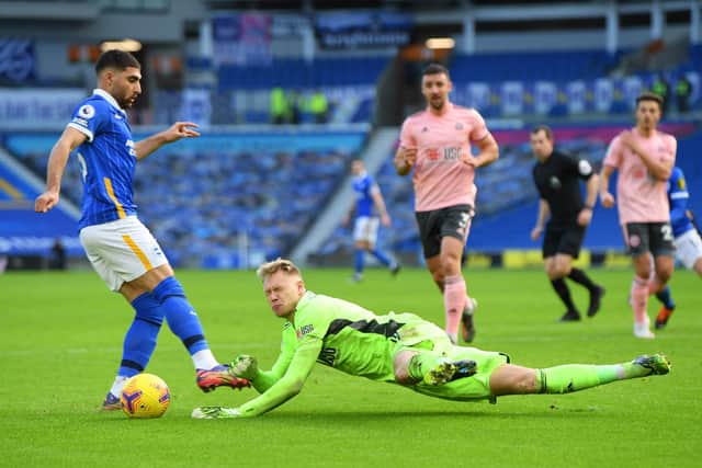 Aaron Ramsdale gets down bravely to deny Brighton & Hove Albion during the Premier League match between Brighton  and Sheffield United at American Express Community Stadium  (Photo by Mike Hewitt/Getty Images)