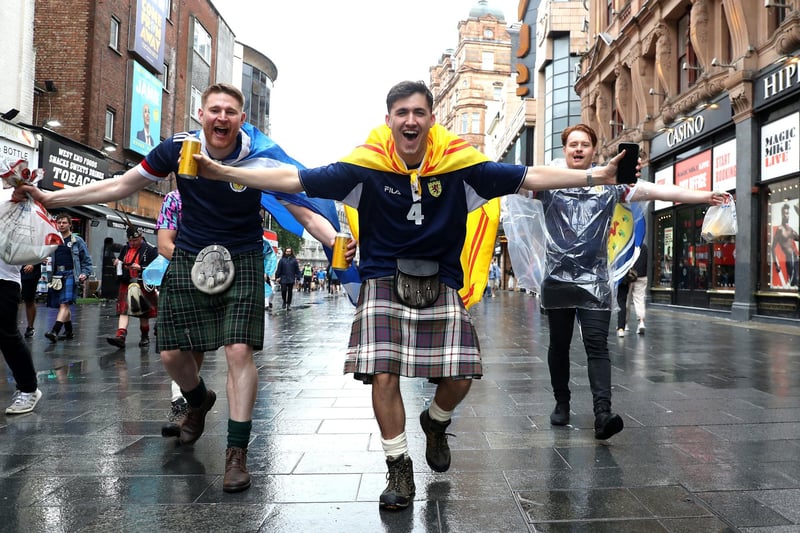 Proudly wearing their kilts on English ground, these fans show the camera they are all about supporting Scotland today (Kieran Cleeves/PA Wire).