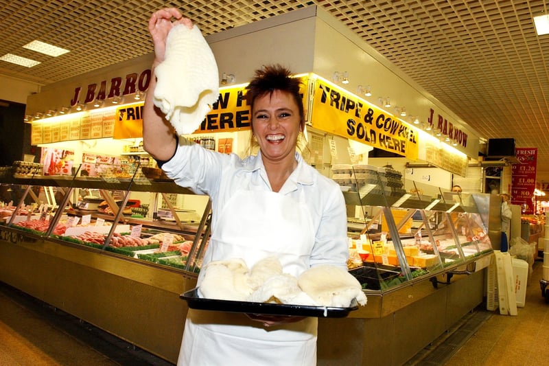 Sue Weatherall pictured with tripe for sale at J.Barrow's butchers in the Castle Market in February 2005