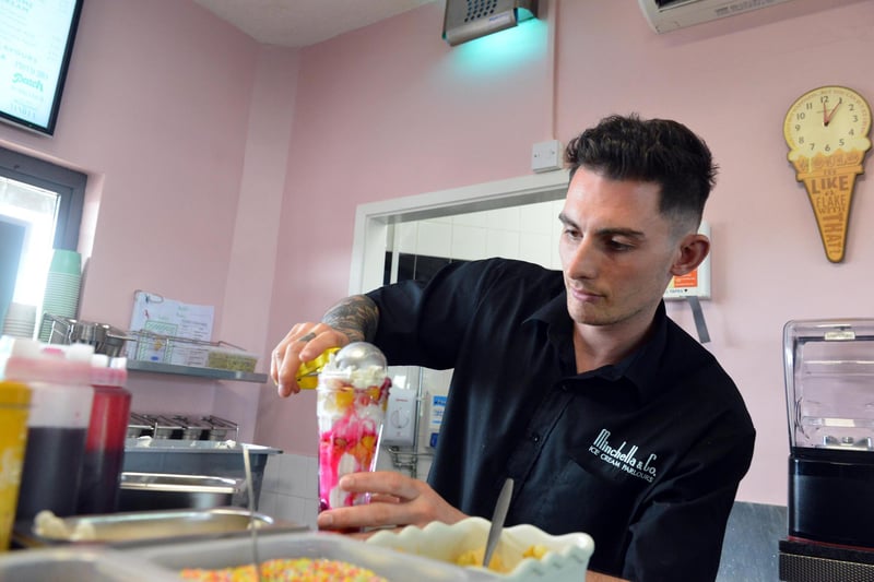 Minchella & Co in South Shields are currently offering a Turkish Delight and pistachio sundae - a perfect chilled option for this year's Valentine's Day. Luke Minchella, pictured, preparing the shop's vegan Knickerbocker Glory.