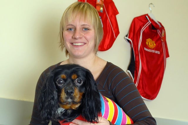 Charlie, the King Charles Spaniel with Abi Pullin of the Pets Clothing Company in Jarrow. Back to 2009 for this scene.